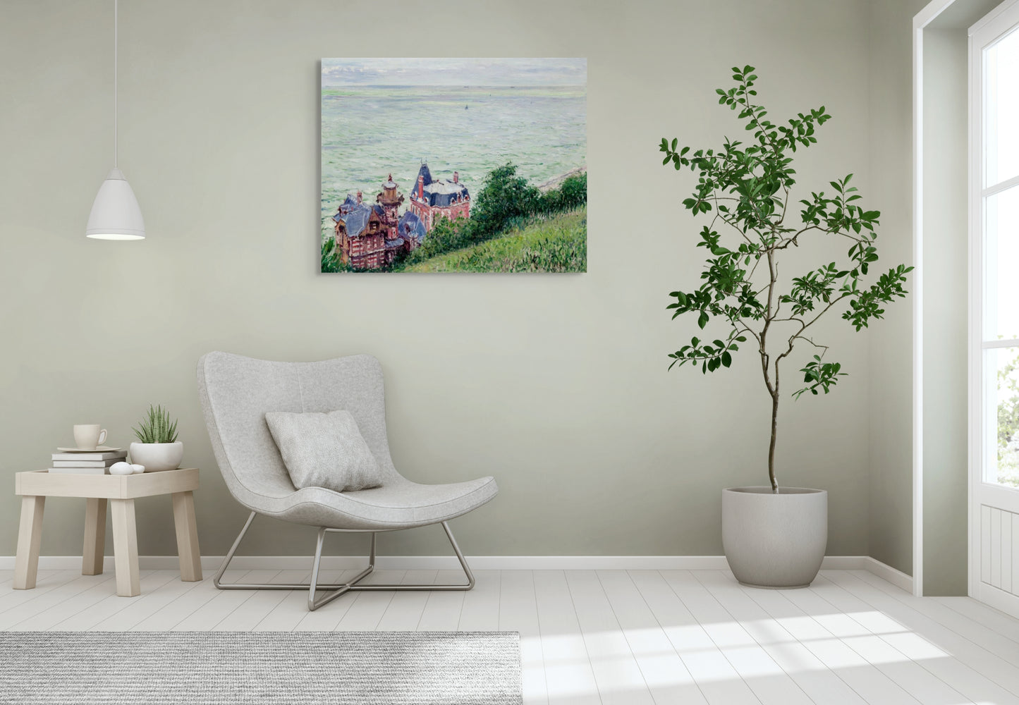a room with a chair and a painting on the wall