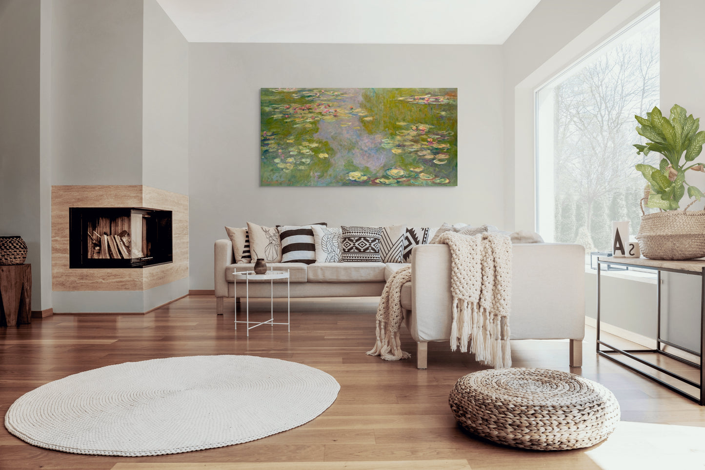 a living room filled with furniture and a fire place