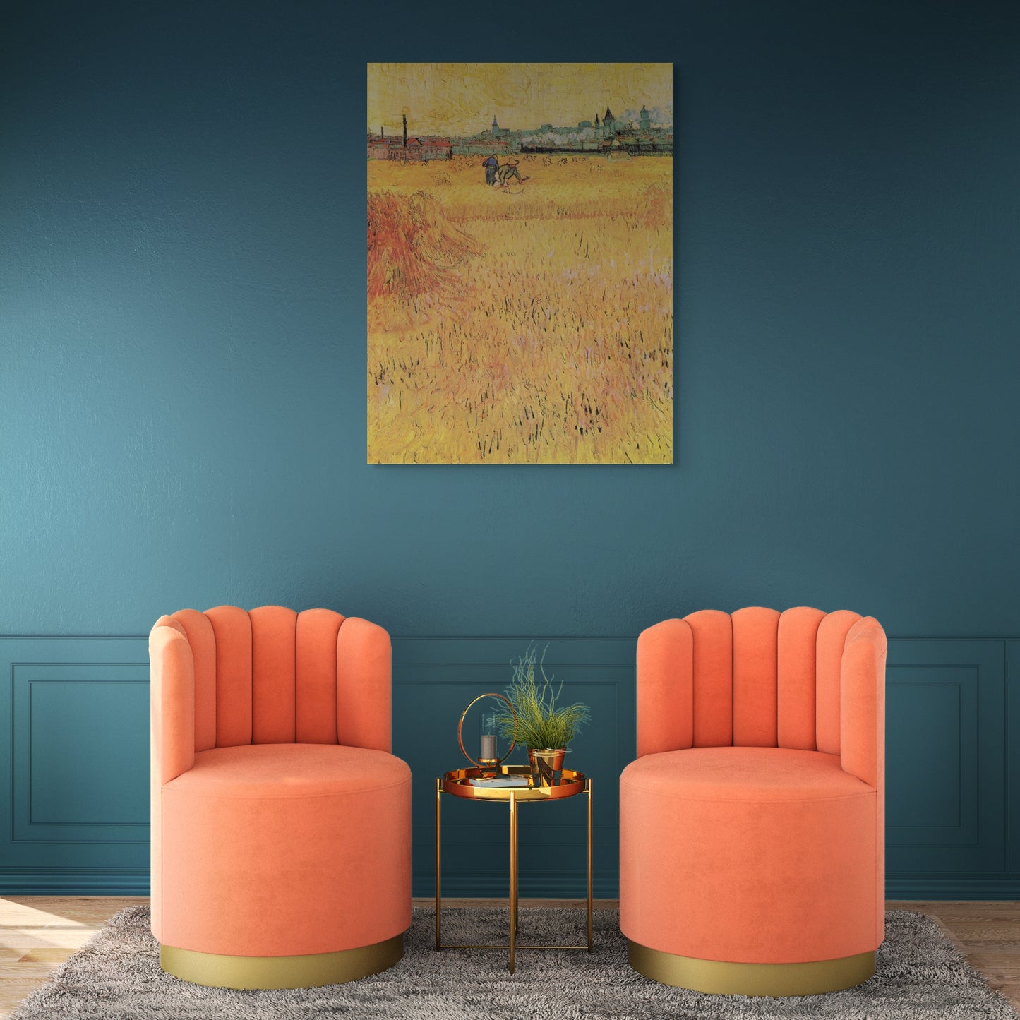 a living room with two orange chairs and a table