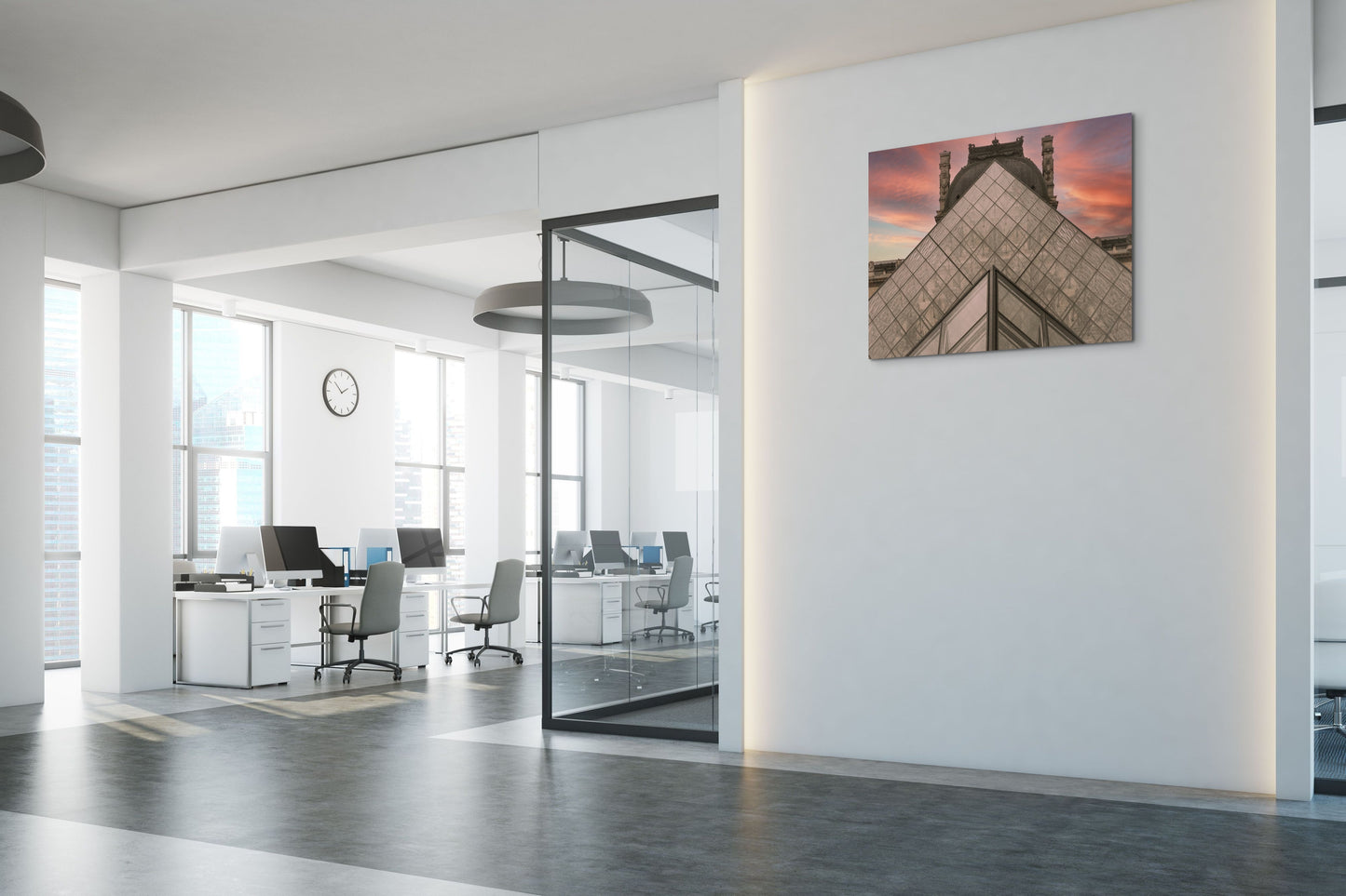 Louvre Museum Canvas Wall Art in office loft with white walls and grey floor and side lighting