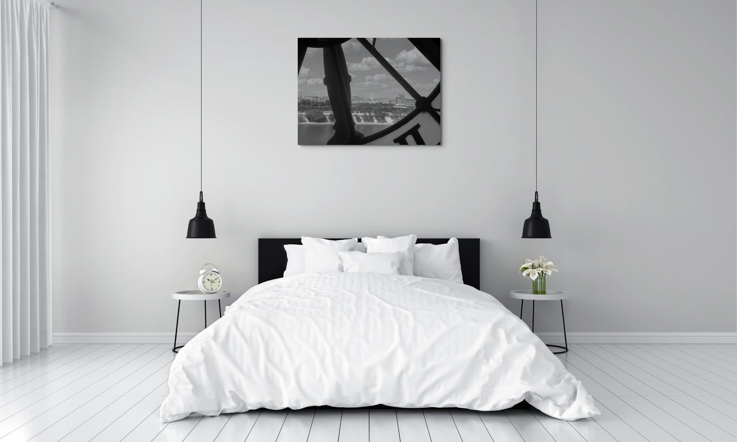 French Clock Canvas Wall Art in bedroom with off white walls, white quilt and pillows, white timber floors and black pendant lamps