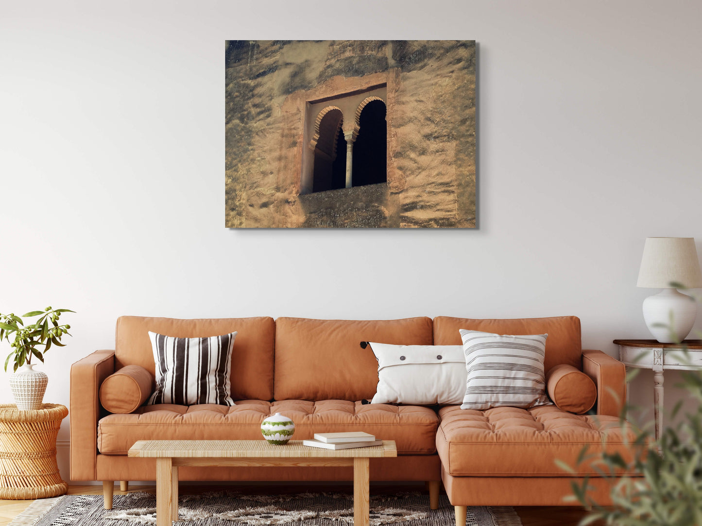 Palace Window Canvas Wall Art in lounge room with white wall, orange lounge, white cushions, rug and white lamp