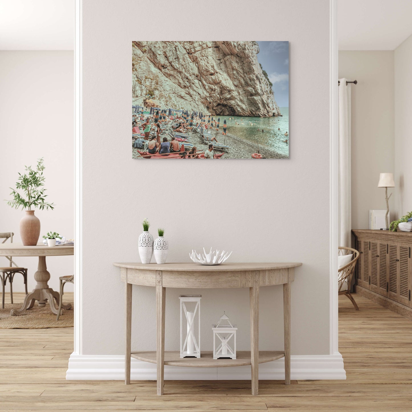 European Beach Canvas Wall Art in home foyer with white walls and wooden entry table
