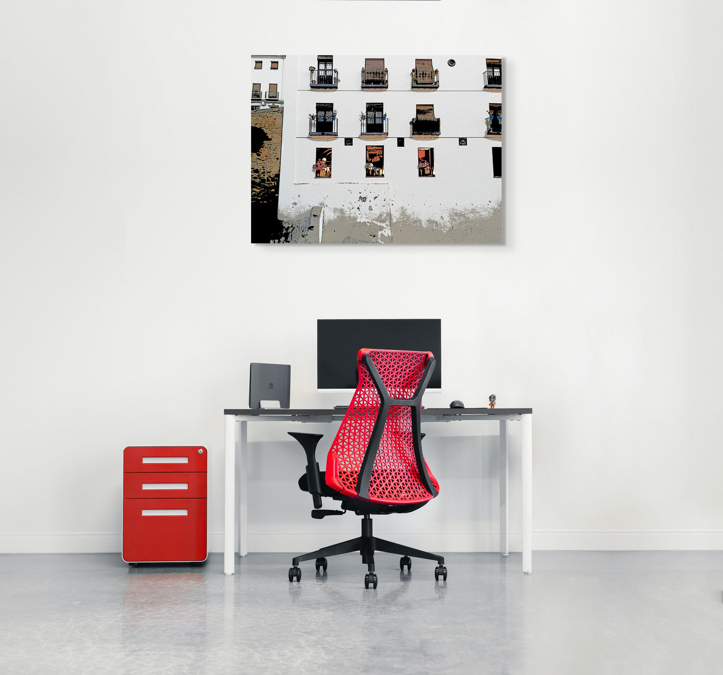 Tapas Bar Canvas Wall Art in office with white wall, grey desk, red cabinet, computer screen, laptop and red chair