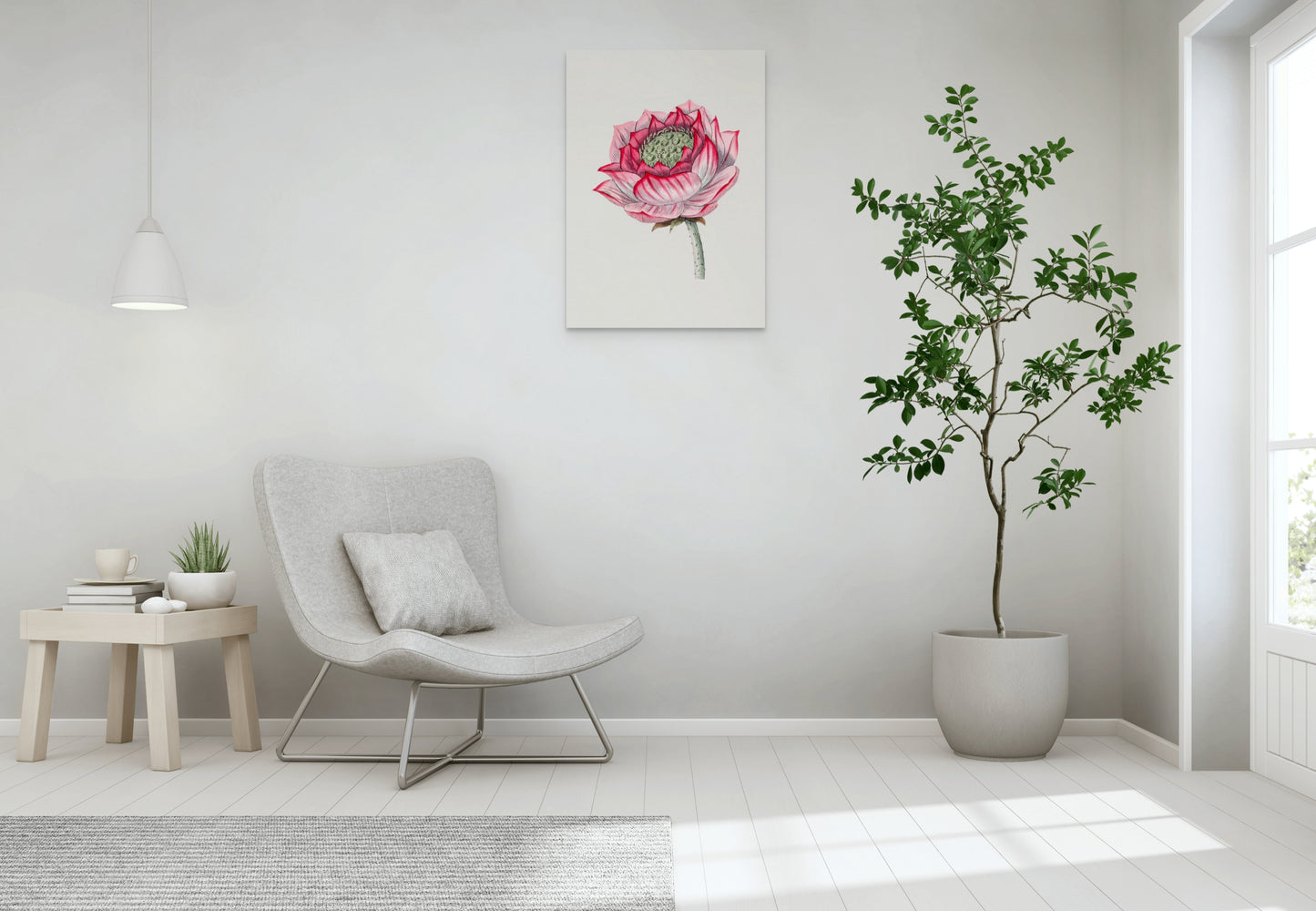 a living room with a chair and a potted plant