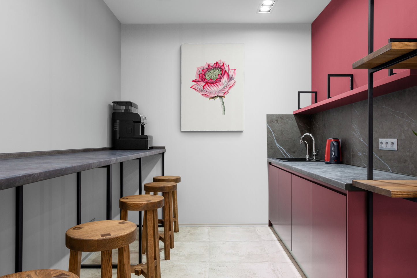 a kitchen area with stools and a painting on the wall