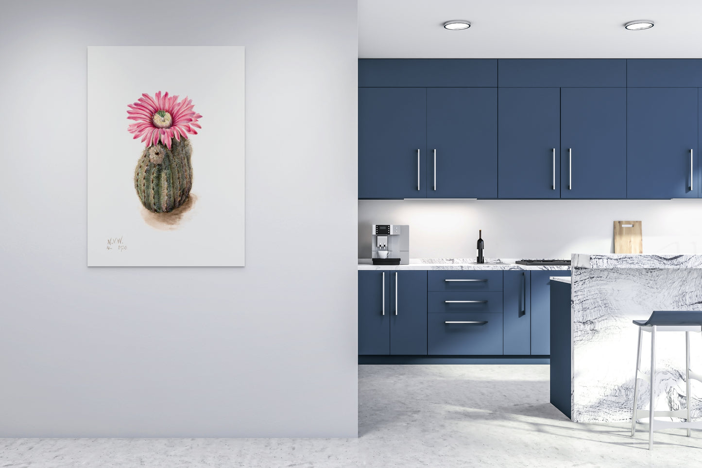 a kitchen with blue cabinets and a painting of a cactus