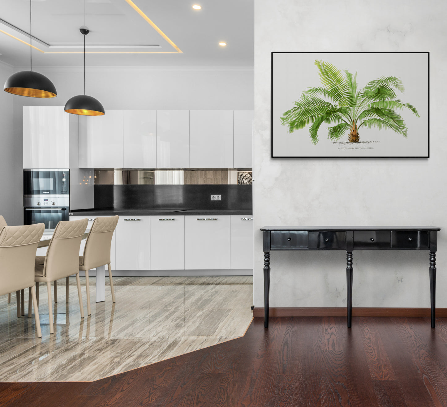 a picture of a kitchen with a table and chairs