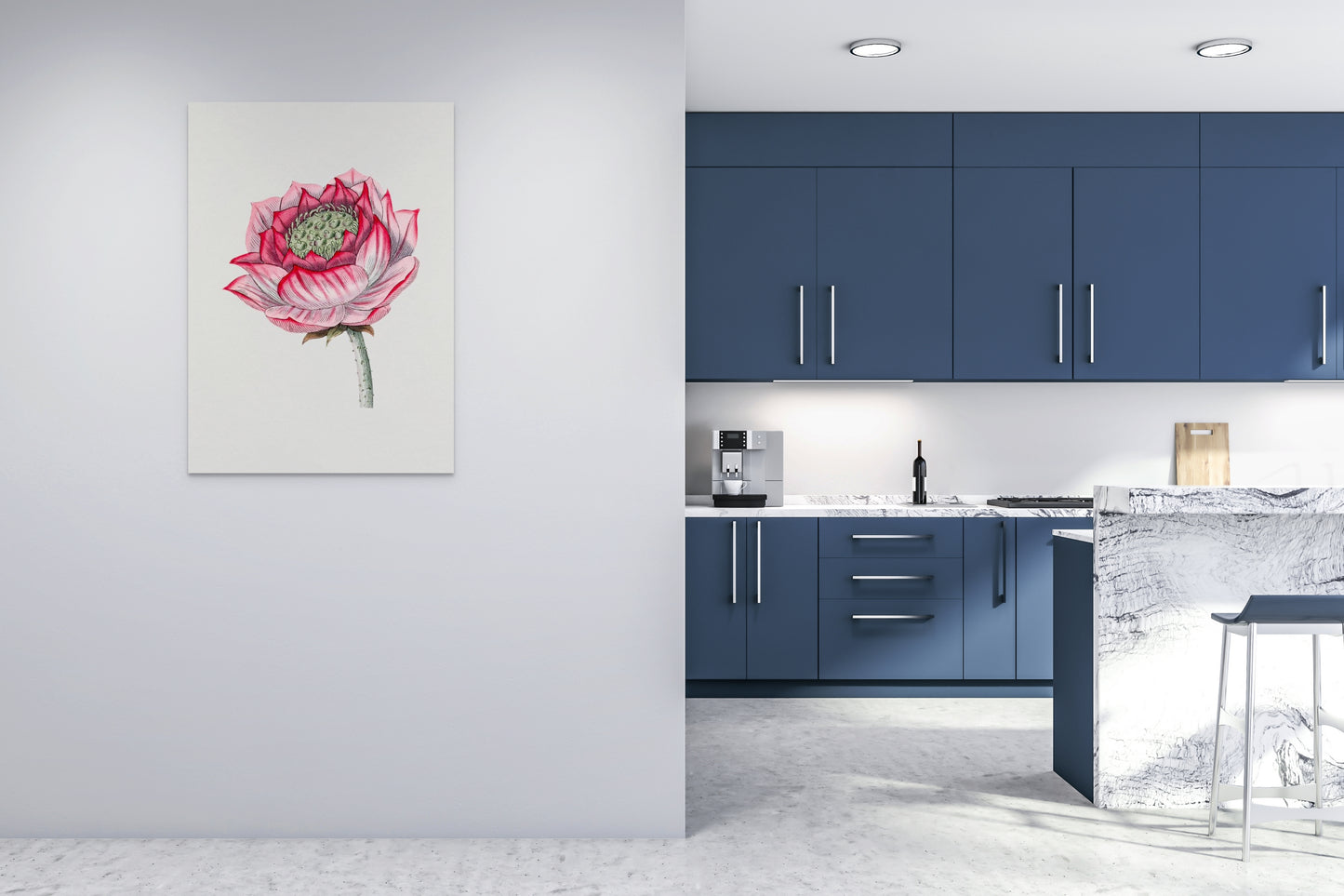 a kitchen with blue cabinets and a pink flower on the wall