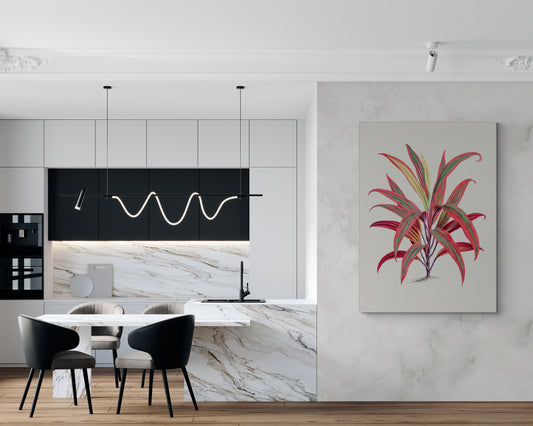 a kitchen with a marble counter top and a painting on the wall