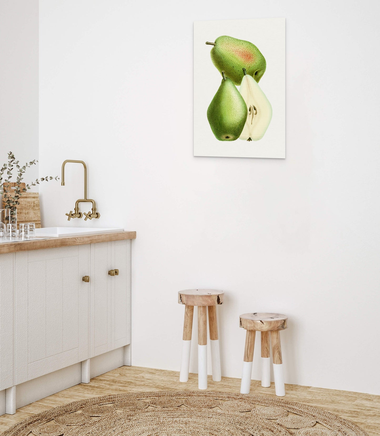 two stools in a room with a painting on the wall