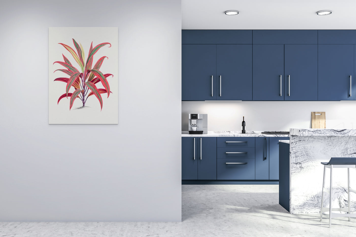 a kitchen with blue cabinets and a painting on the wall