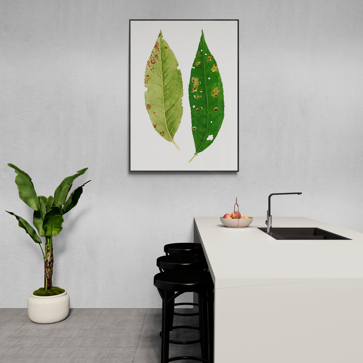 a kitchen with a sink and a green leaf print on the wall