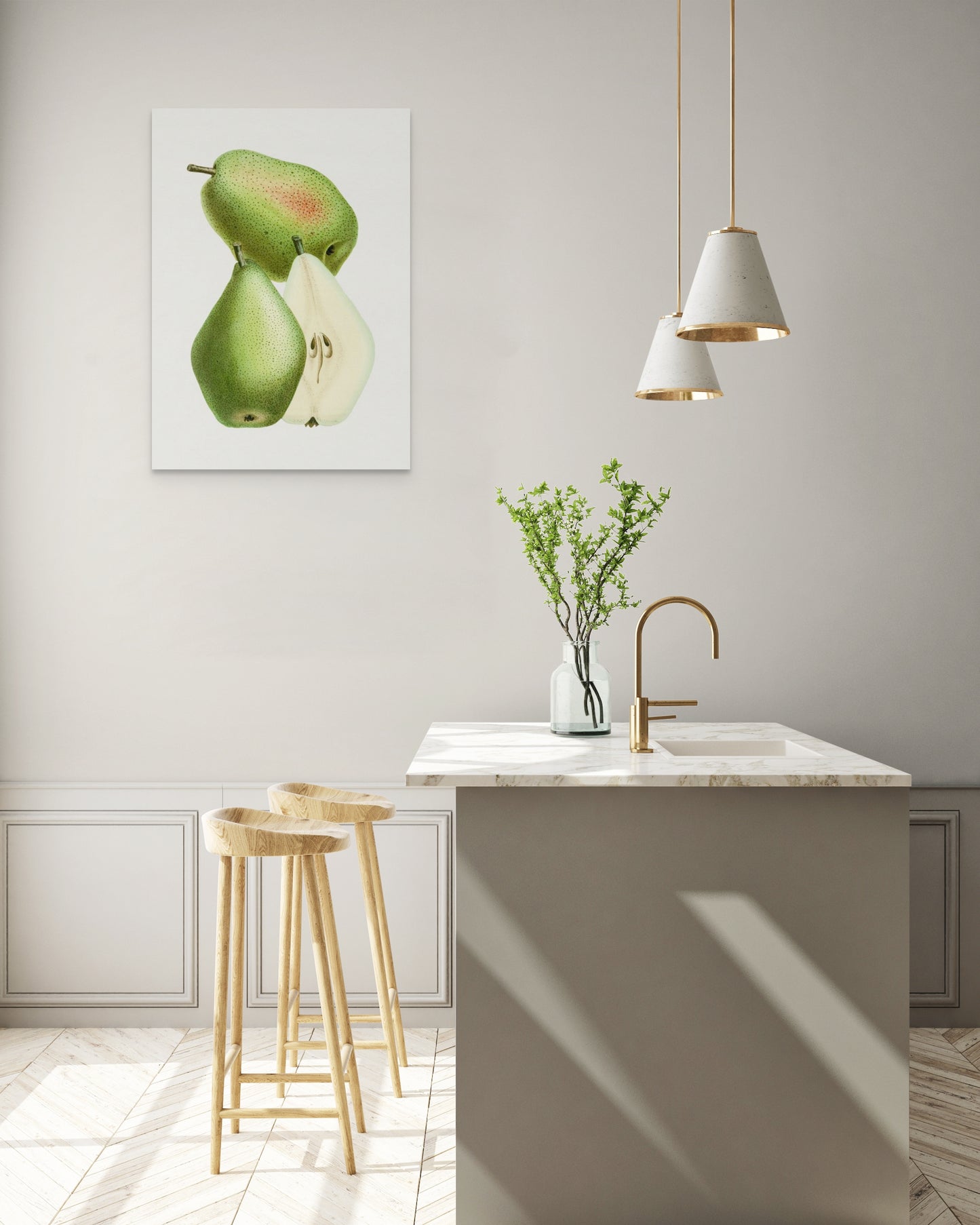 a kitchen with a sink, stools and a painting on the wall