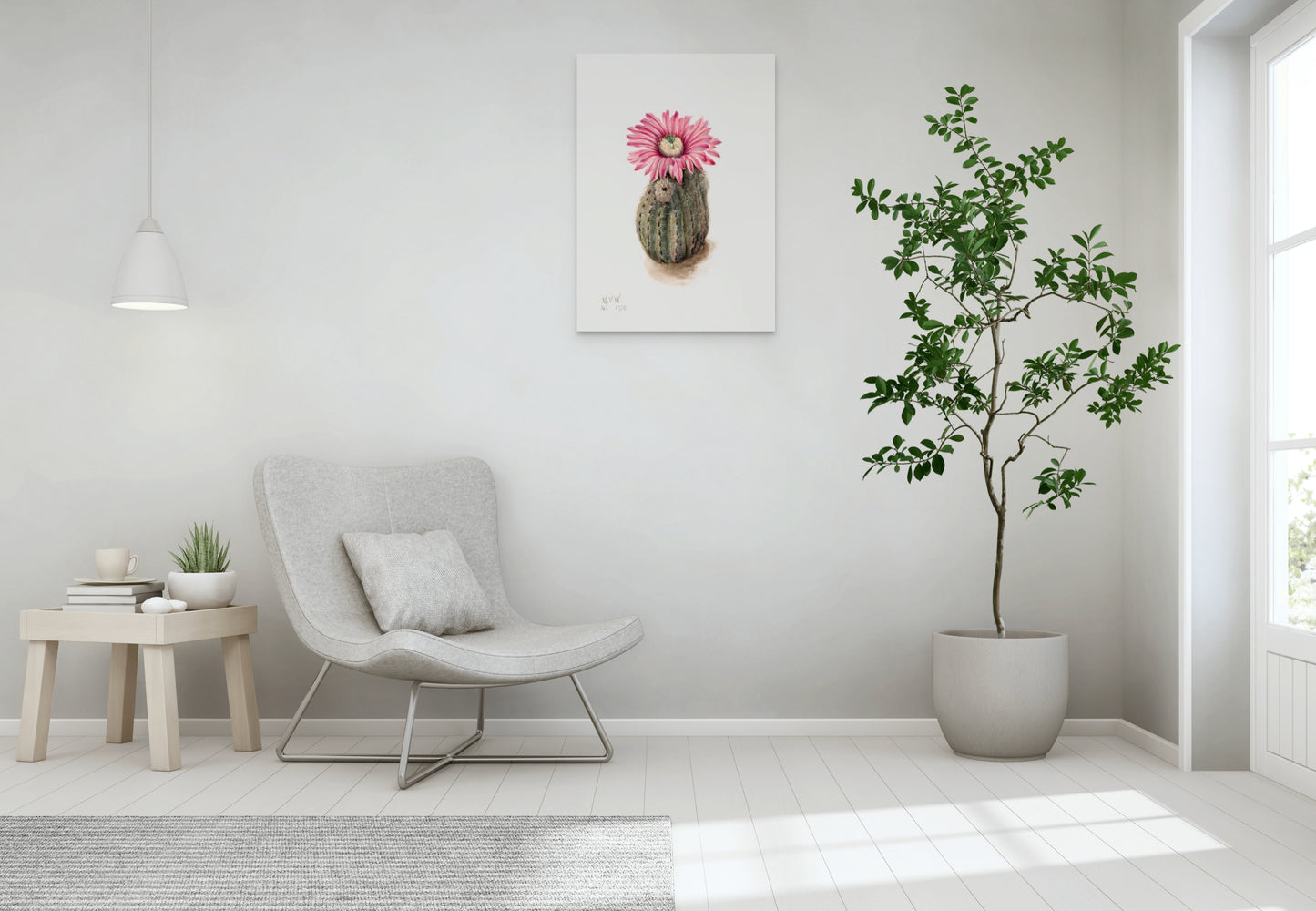 a white room with a chair and a potted plant