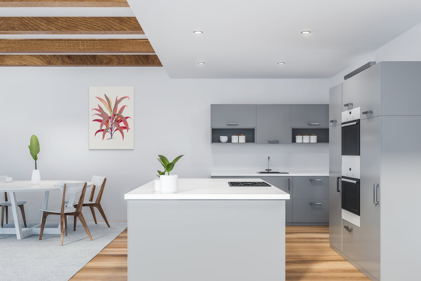 a kitchen with a table and chairs and a painting on the wall