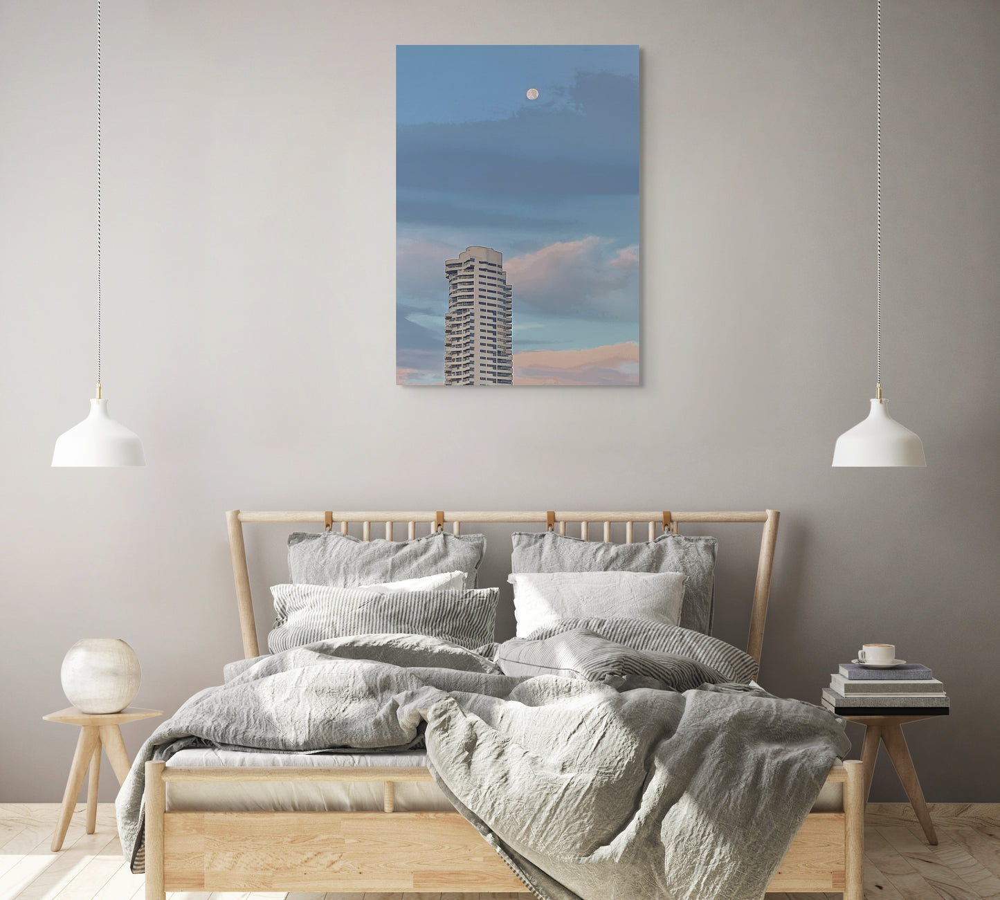 Cityscape at Dusk Canvas Wall Art in bedroom with grey wall and wooden bedframe and grey quilt and pillows