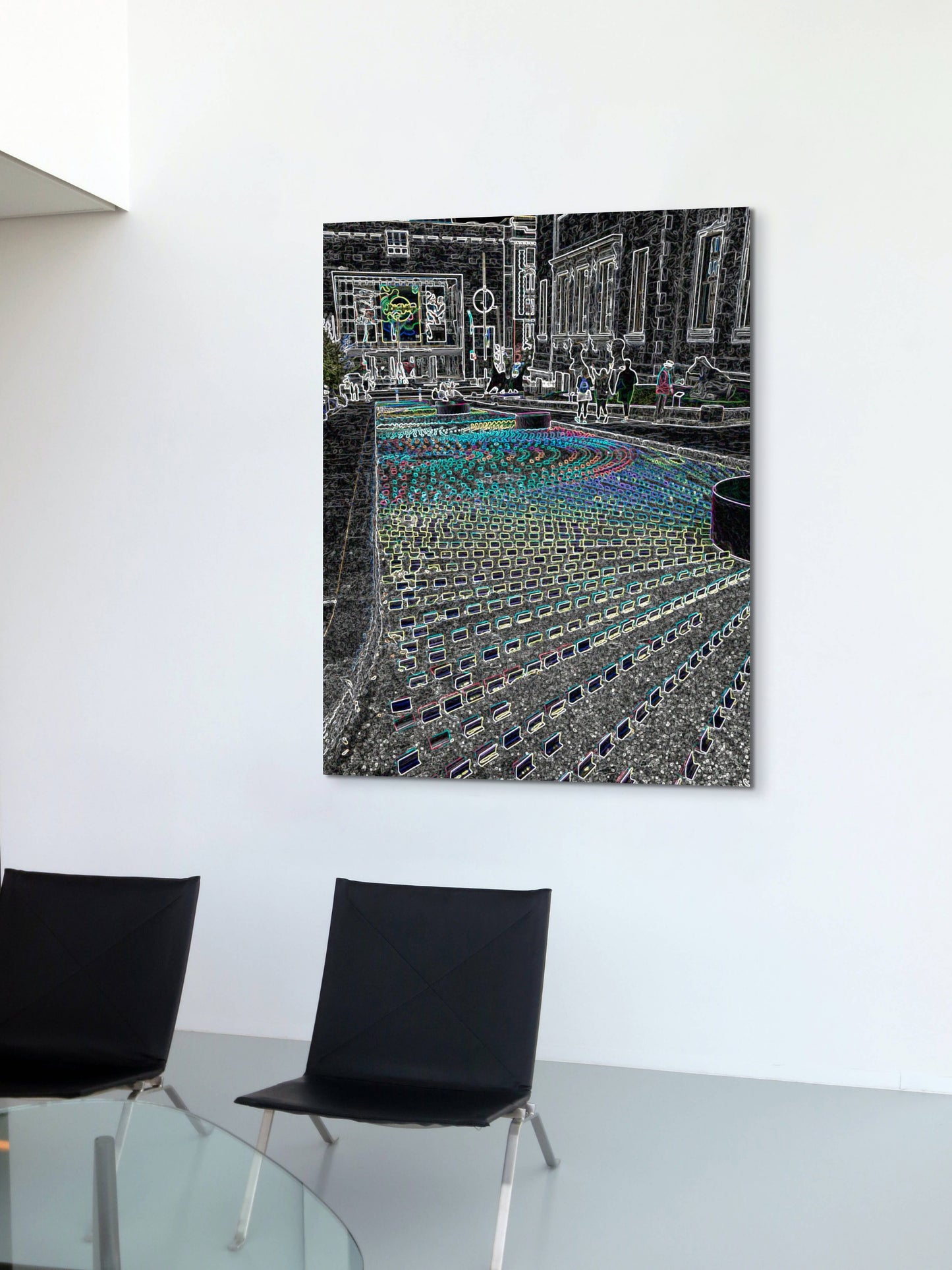 Neon Street Art Canvas Wall Art in office foyer with white walls and two black chairs