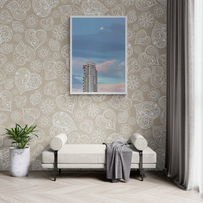 Cityscape at Dusk Canvas Wall Art in lounge room with wallpaper and a grey lounge and throw and potted plant