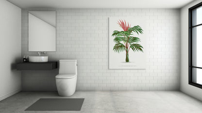 a bathroom with a toilet, sink, and a palm tree on the wall