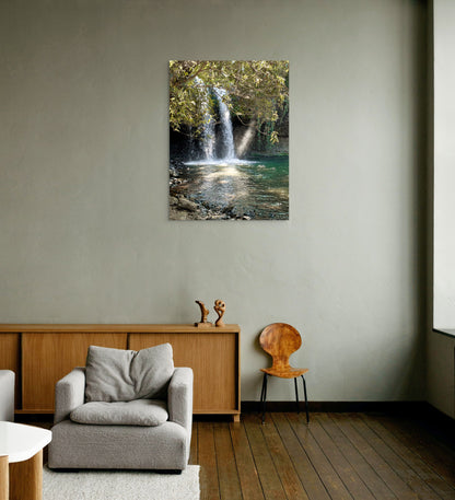 Rainforest Canvas Wall Art in lounge room with pale green wall, wooden sideboard, grey lounge chair, grey rug, wooden chair and wooden floorboards