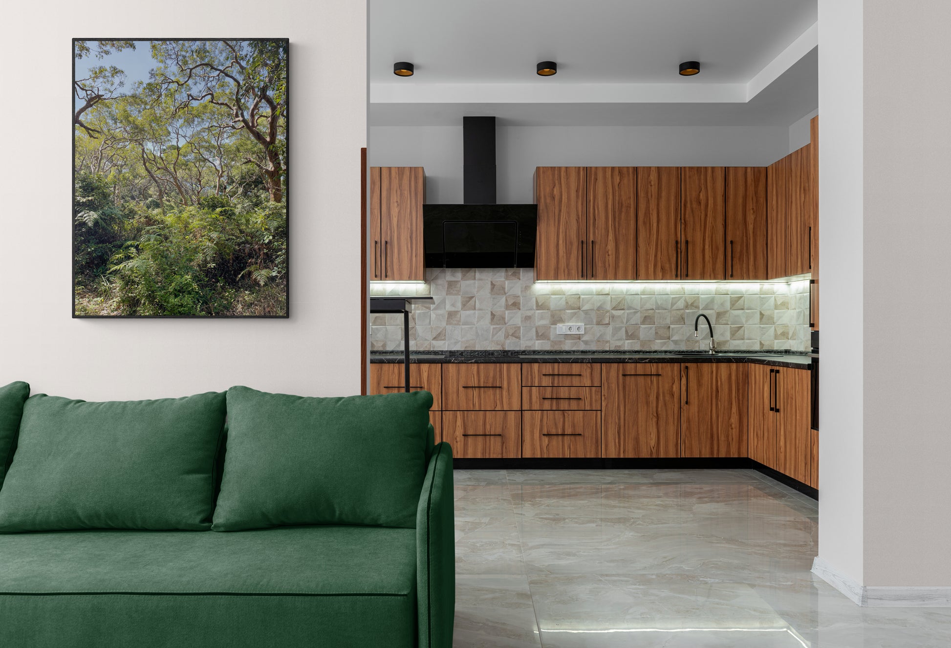 Rainforest Canvas Wall Art in lounge room with white walls, kitchen, green lounge, polished tiled floor and brown kitchen cupboards