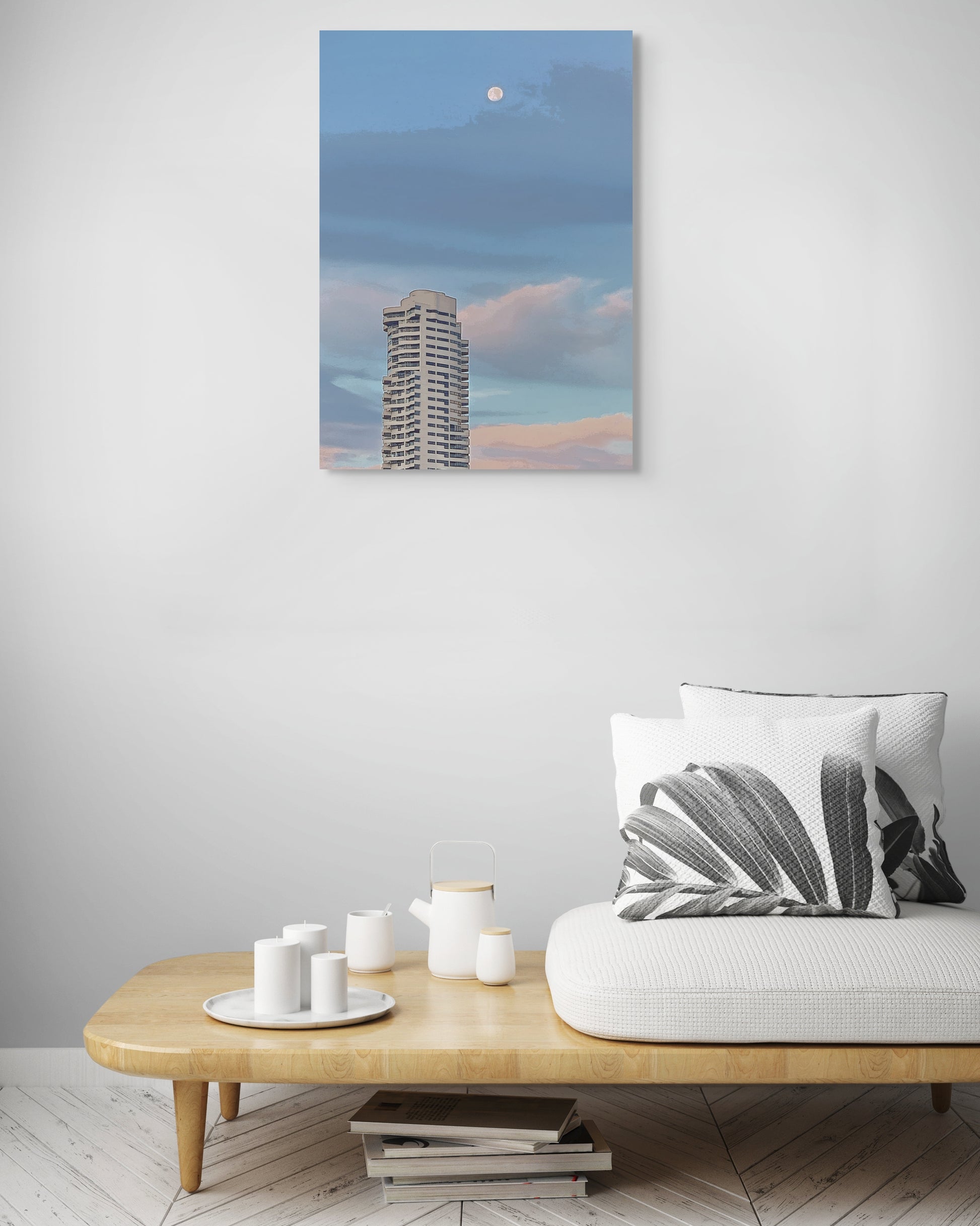 Cityscape at Dusk Canvas Wall Art in lounge room with wooden table and grey cushion