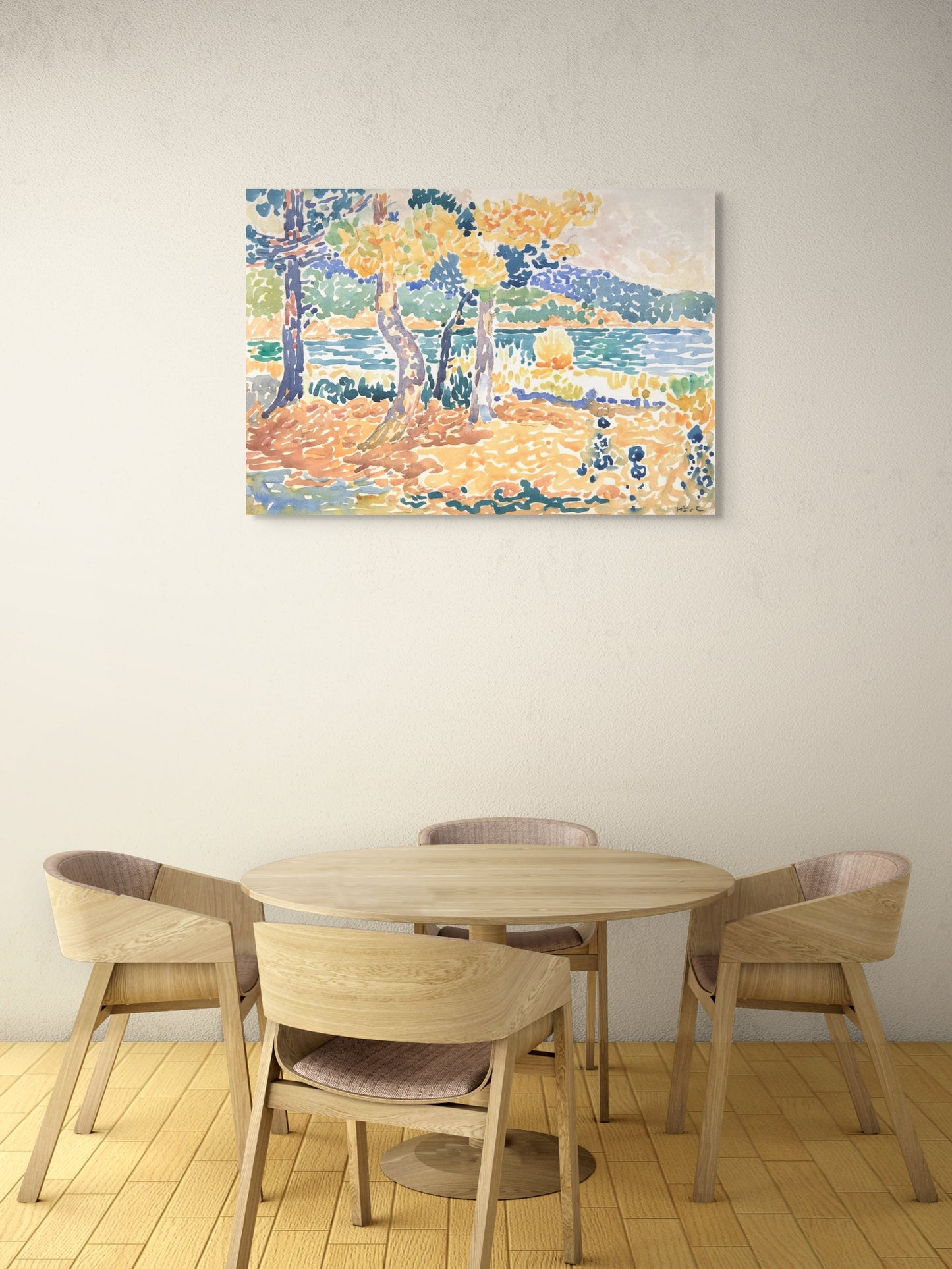 a table and chairs in a room with a painting on the wall