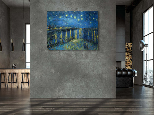 a painting of a starry night over a river