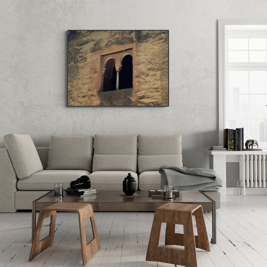Palace Window Canvas Wall Art in lounge room with white wall, light brown lounge, wooden coffee table, small wooden stools and lime washed wooden floorboards