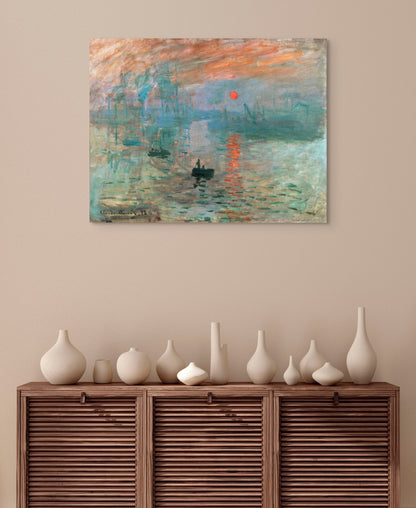 a painting on a wall above a cabinet with vases
