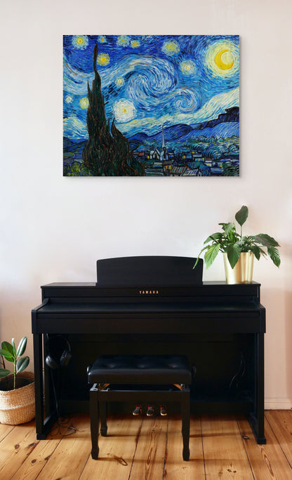 a painting on a wall above a piano