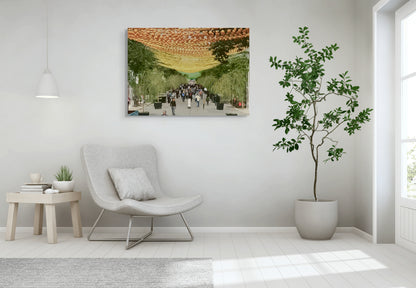 The Village Canvas Wall Art in lounge room with white wall, pendant light, pot plant, grey chair, wooden side table, white floorboards and grey rug