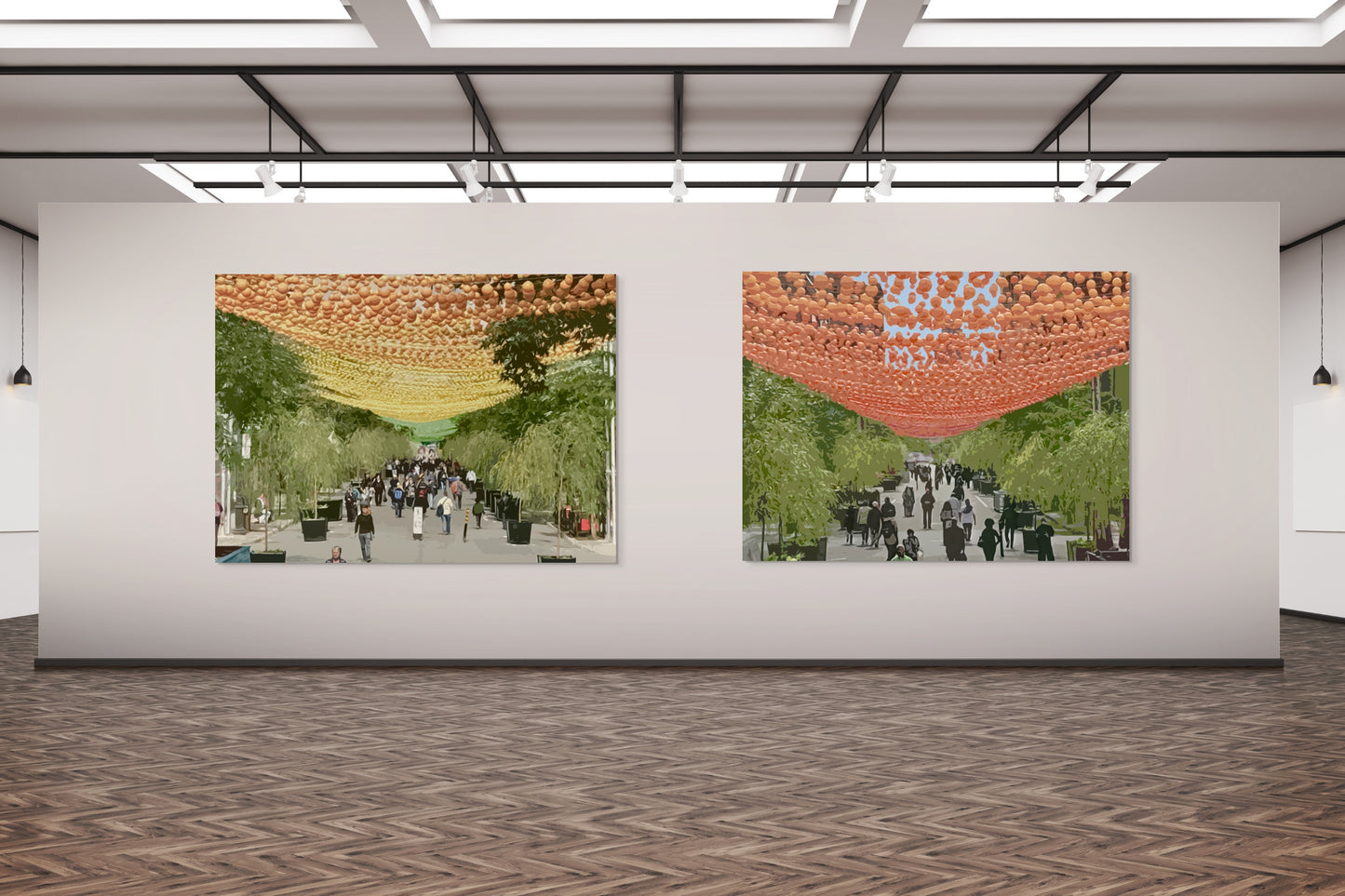 The Village Canvas Wall Art in exhibition space with white wall, exposed ceiling, downlights and brown parquetry flooring