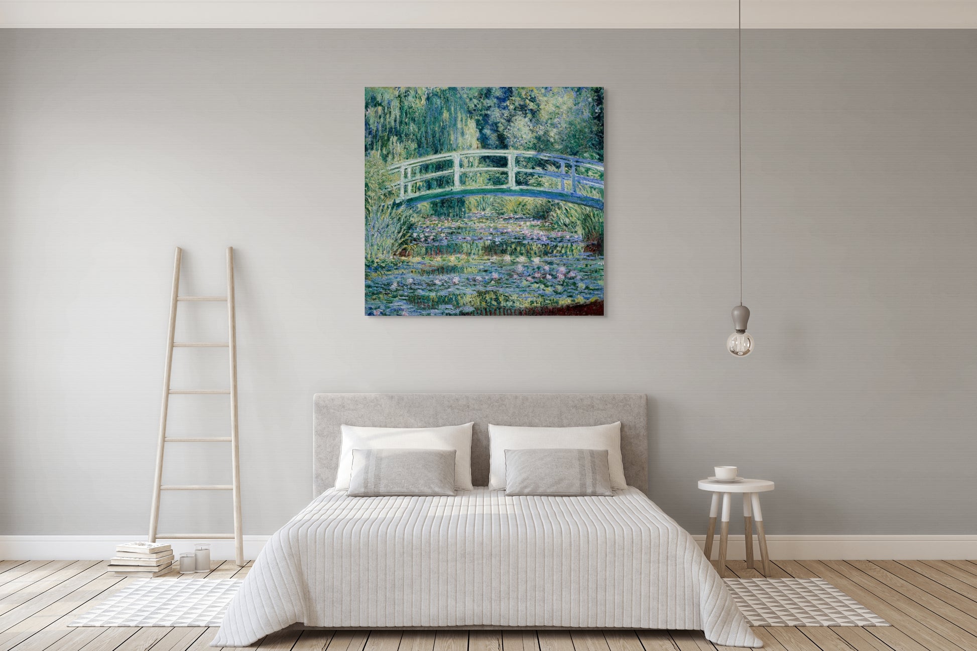 a painting of a bridge over a pond of water lilies