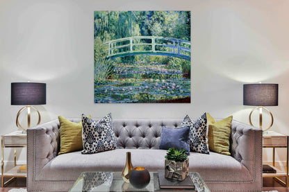 a painting of a bridge over a pond of water lilies