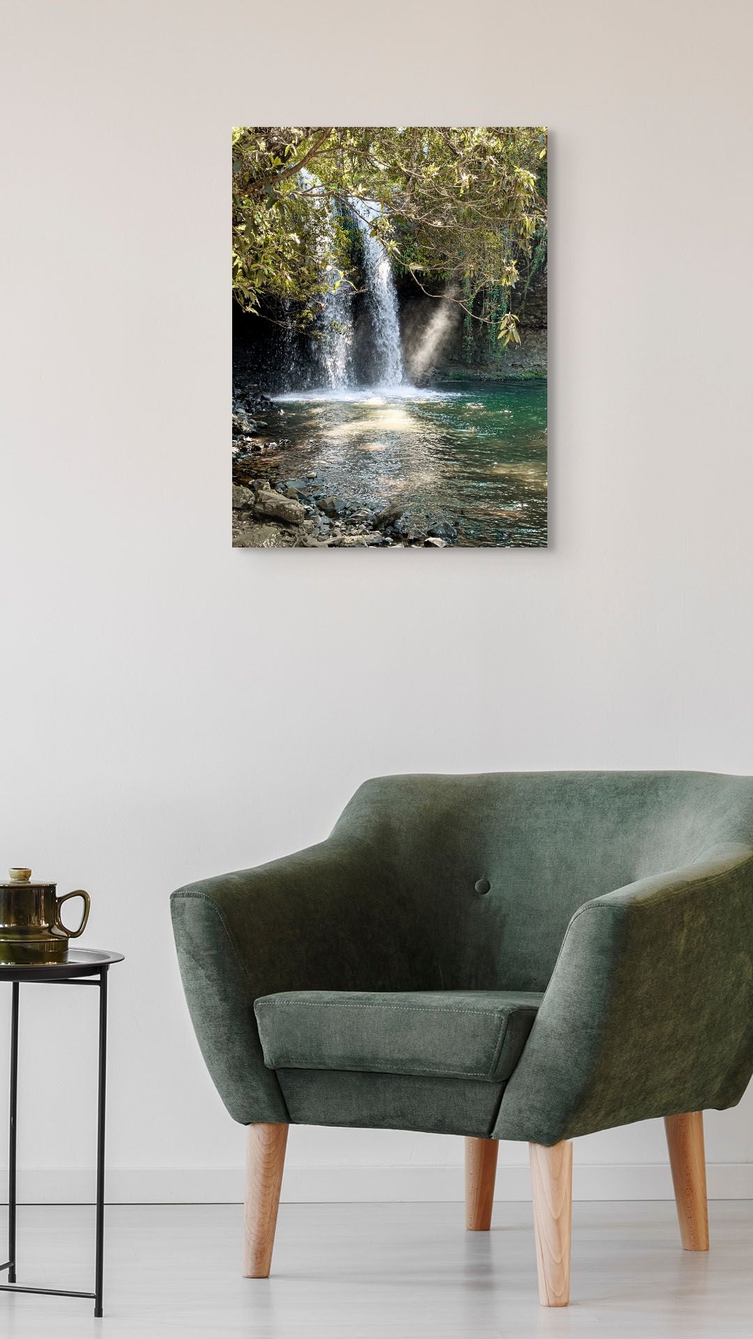 Rainforest Canvas Wall Art in office foyer with white wall, green chair, black side table and grey floorboards