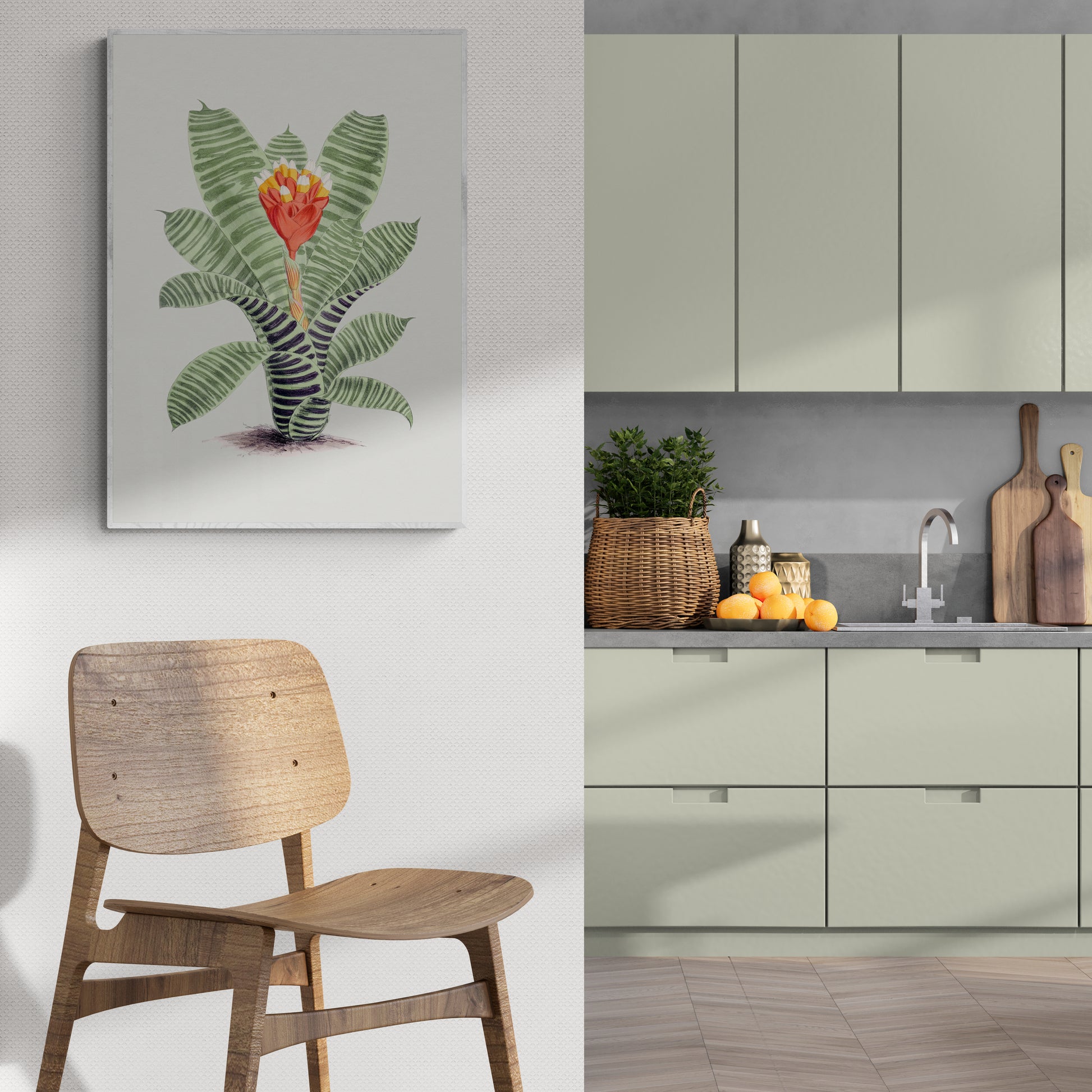 a kitchen with a painting of a plant on the wall
