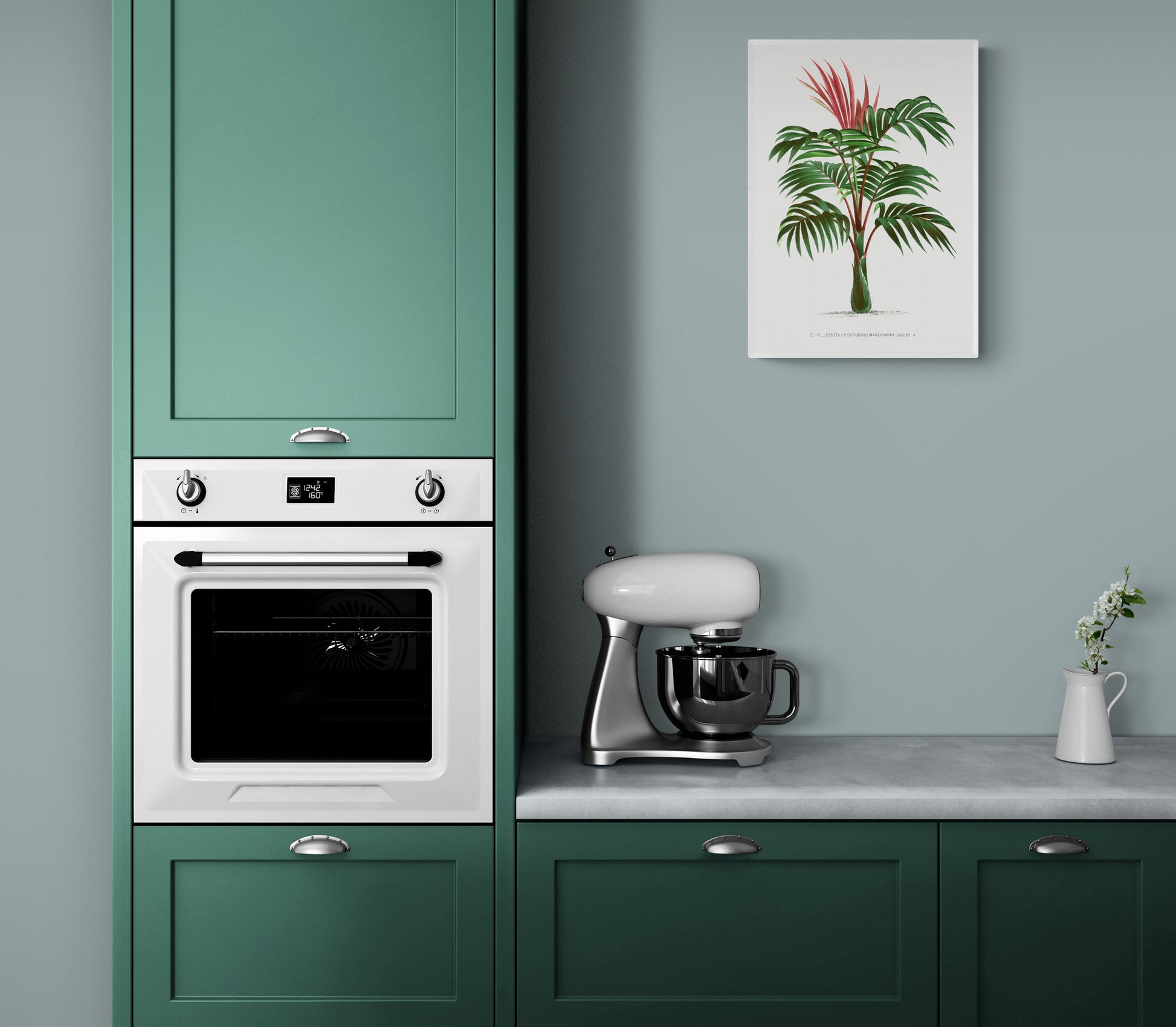 a kitchen with green cabinets and a white stove