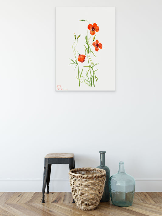 a painting of red flowers on a white wall