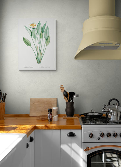 a kitchen with a stove top oven and a painting on the wall